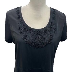 Coldwater Creek Dress Size PL 14 Soutache Scroll Black Midi Cap Sleeve Stretch